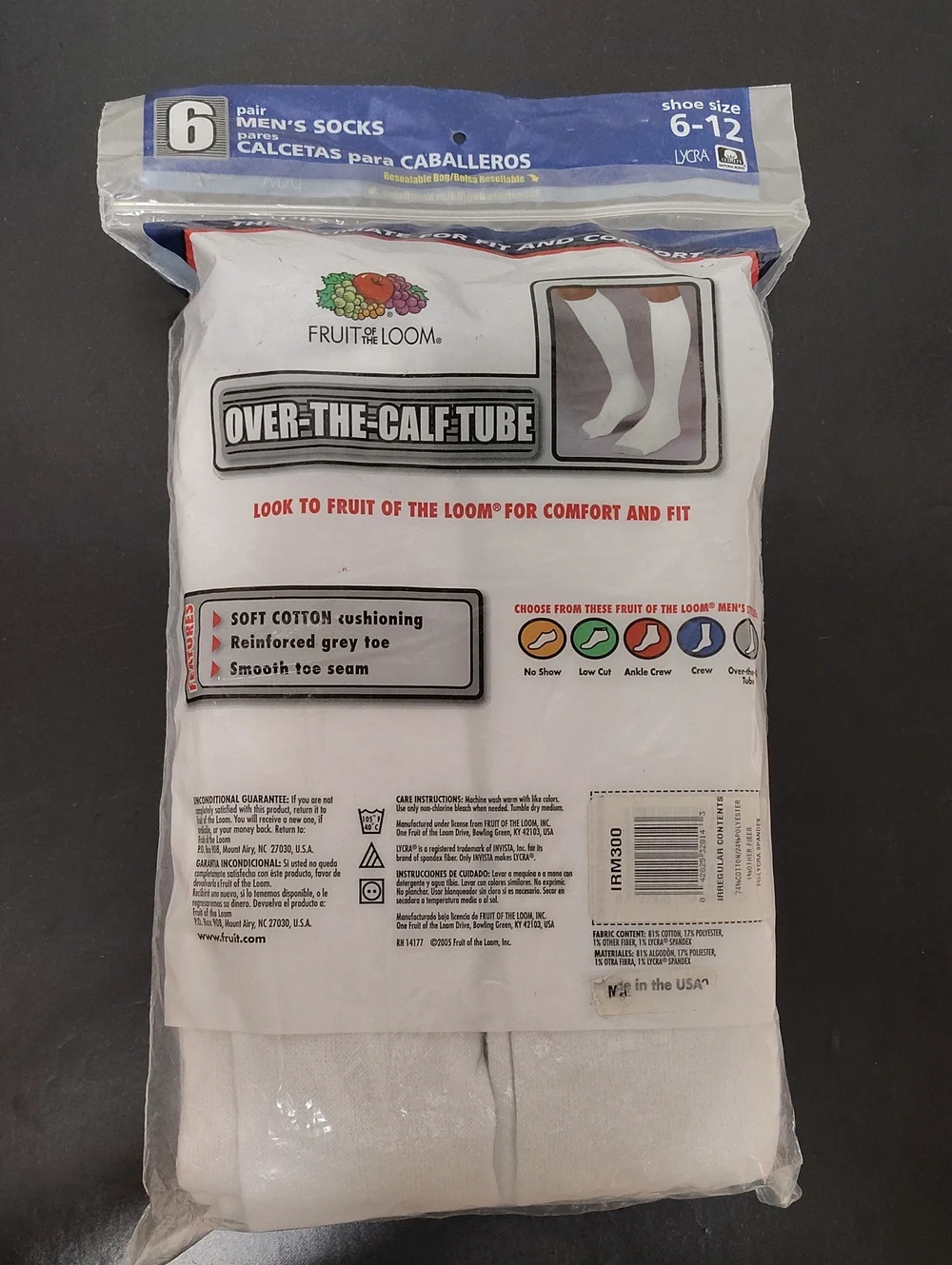 Vtg Fruit of the Loom Men’s Over-the-Calf Tube Socks – White - 6 Pack -Size 6-12